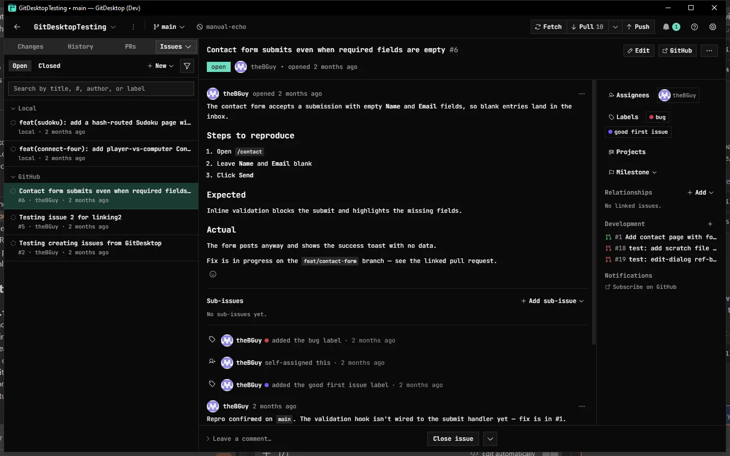 An issue in GitDesktop: a bug report with labels, an assignee, a linked pull request, and a comment thread